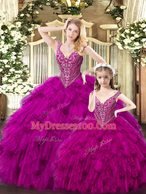 Clearance Fuchsia Sleeveless Tulle Lace Up Sweet 16 Dress for Military Ball and Sweet 16 and Quinceanera