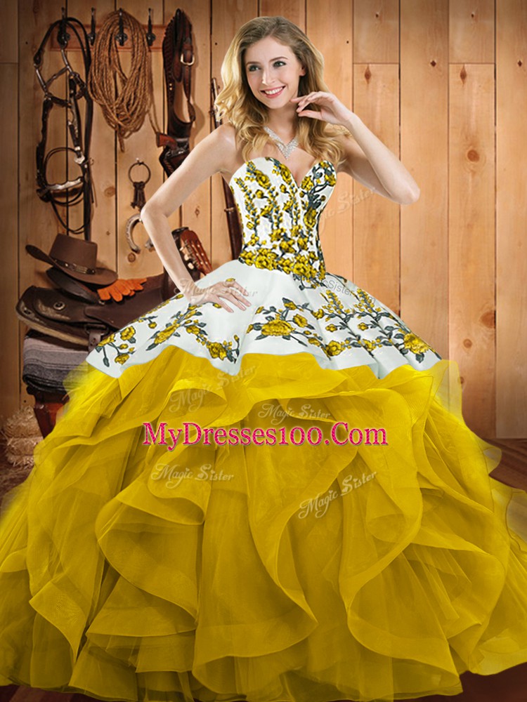 Ideal Yellow Sweet 16 Dresses Military Ball and Sweet 16 and Quinceanera with Embroidery and Ruffles Sweetheart Sleeveless Lace Up