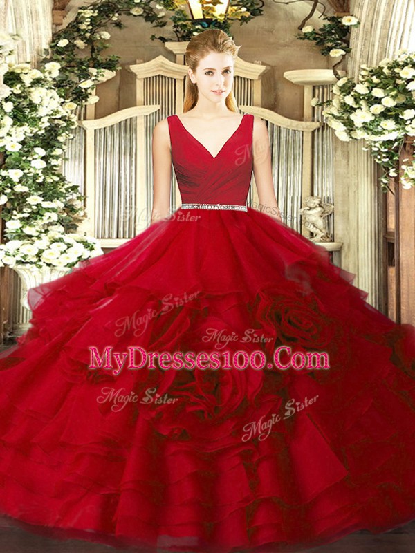 Sleeveless Floor Length Beading Zipper Quince Ball Gowns with Wine Red