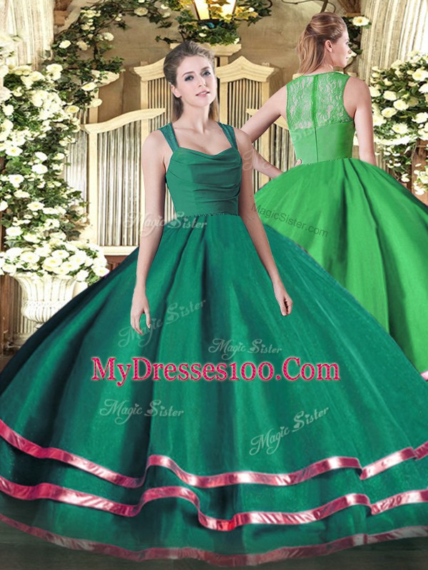 Elegant Floor Length Dark Green Ball Gown Prom Dress Straps Sleeveless Zipper