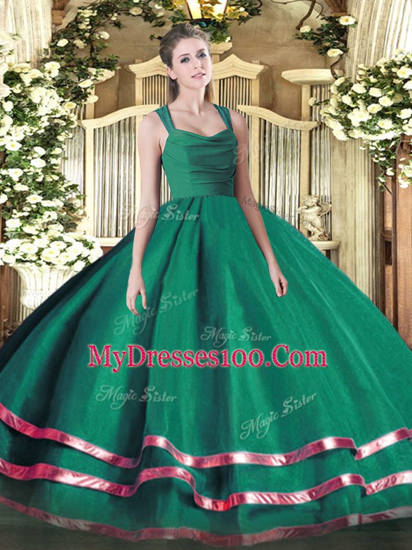 Elegant Floor Length Dark Green Ball Gown Prom Dress Straps Sleeveless Zipper