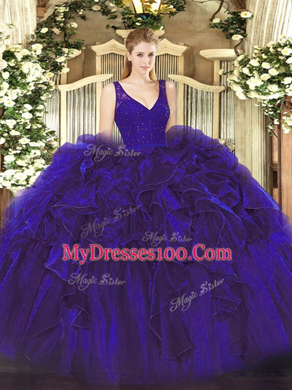 Pretty V-neck Sleeveless Organza 15th Birthday Dress Beading and Lace and Ruffles Backless