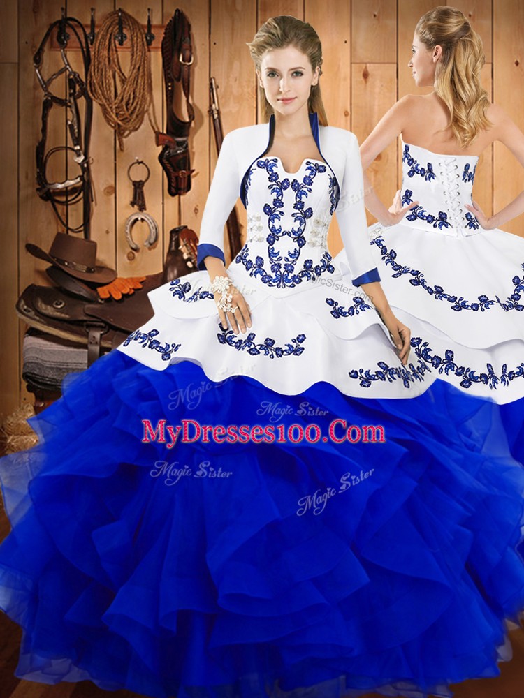 Decent Blue Lace Up Quinceanera Gowns Embroidery and Ruffles Sleeveless Floor Length