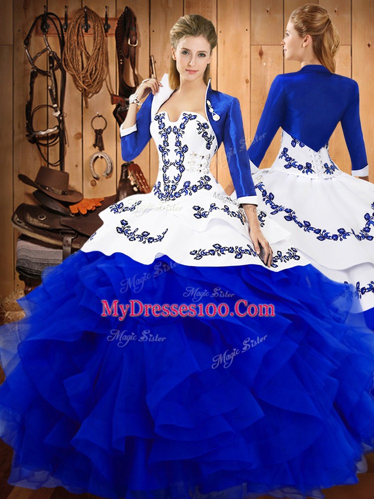 Decent Blue Lace Up Quinceanera Gowns Embroidery and Ruffles Sleeveless Floor Length
