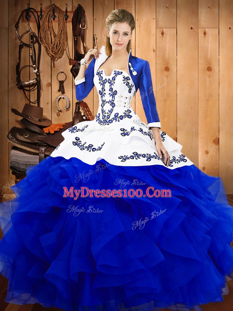 Decent Blue Lace Up Quinceanera Gowns Embroidery and Ruffles Sleeveless Floor Length