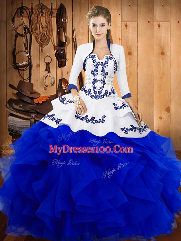 Decent Blue Lace Up Quinceanera Gowns Embroidery and Ruffles Sleeveless Floor Length