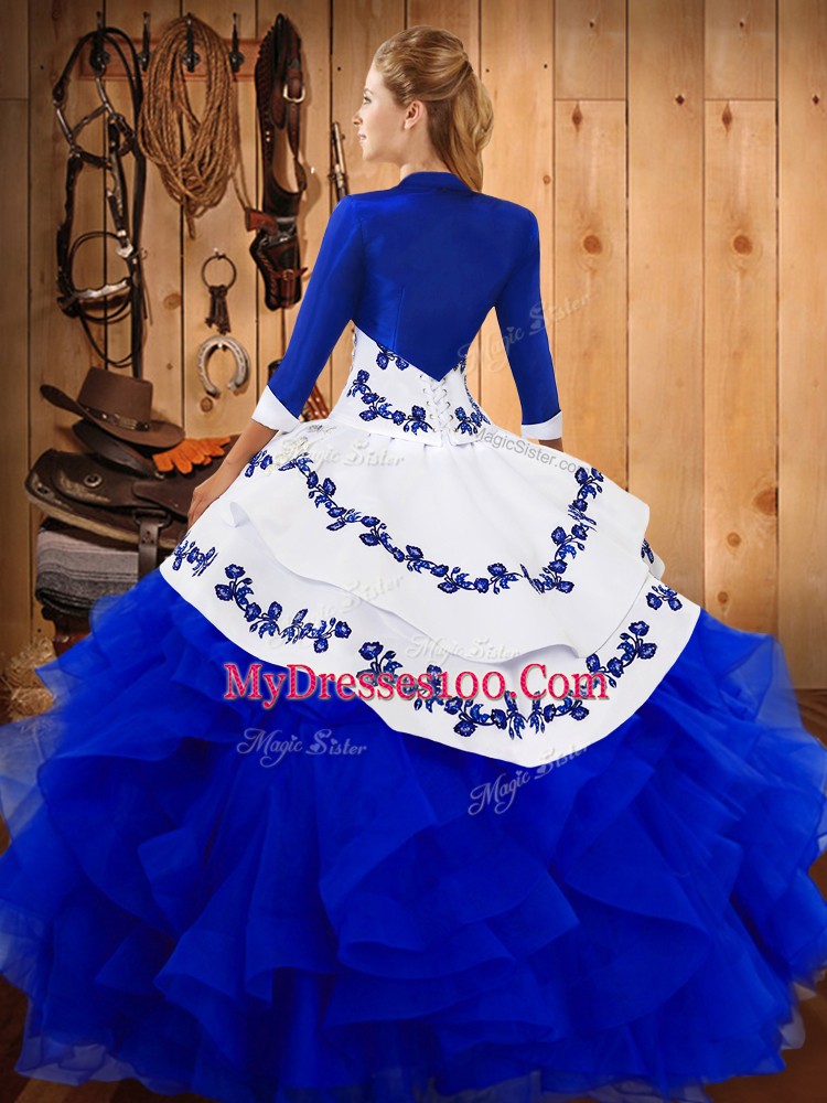 Decent Blue Lace Up Quinceanera Gowns Embroidery and Ruffles Sleeveless Floor Length