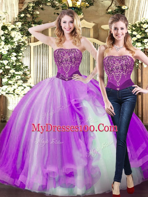 Fashion Tulle Sleeveless Floor Length Sweet 16 Dress and Beading and Ruffles