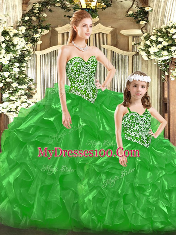 Sleeveless Beading and Ruffles and Bowknot Lace Up Quince Ball Gowns