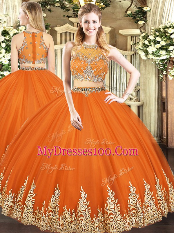 Graceful Floor Length Zipper Sweet 16 Quinceanera Dress Orange Red for Military Ball and Sweet 16 and Quinceanera with Beading and Appliques