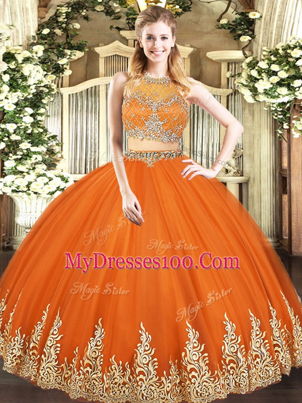 Graceful Floor Length Zipper Sweet 16 Quinceanera Dress Orange Red for Military Ball and Sweet 16 and Quinceanera with Beading and Appliques