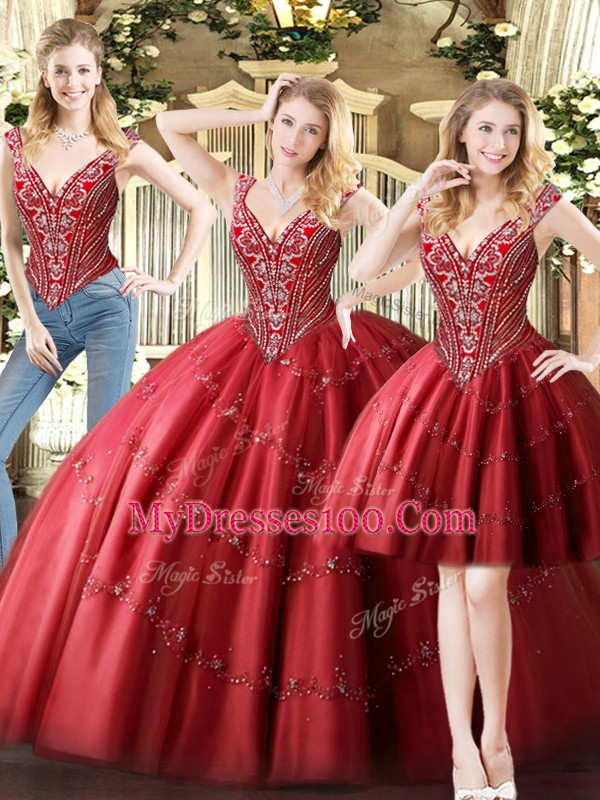 Wine Red Three Pieces Beading Quinceanera Dress Lace Up Tulle Sleeveless Floor Length