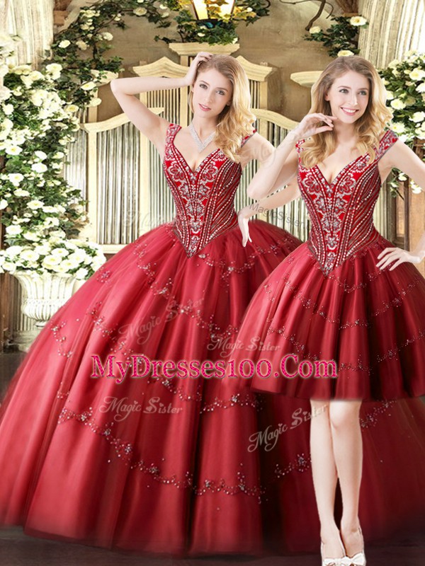 Wine Red Three Pieces Beading Quinceanera Dress Lace Up Tulle Sleeveless Floor Length