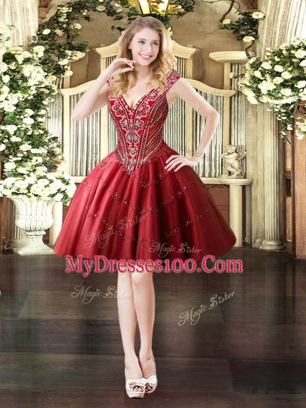 Wine Red Three Pieces Beading Quinceanera Dress Lace Up Tulle Sleeveless Floor Length