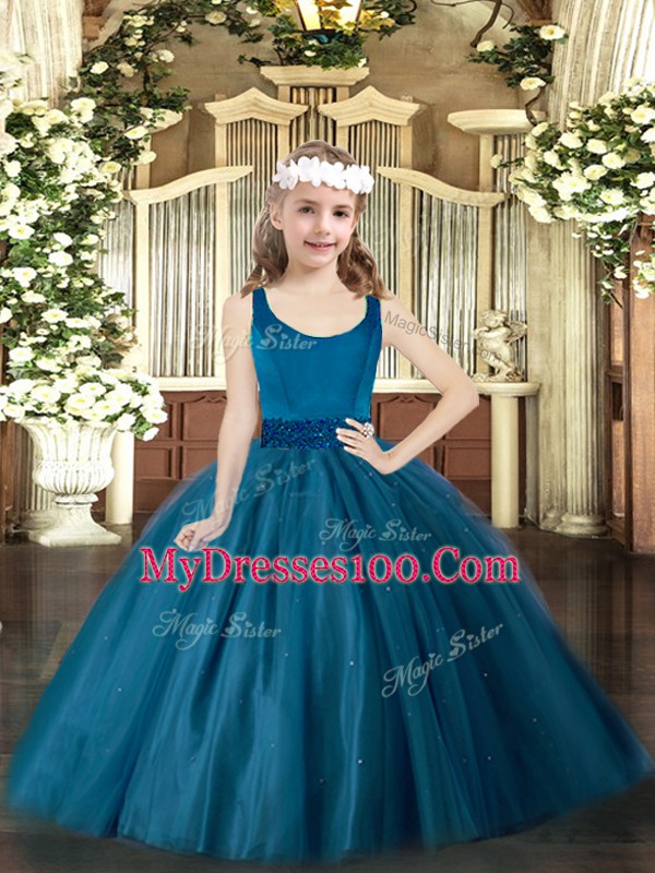 Teal Ball Gowns Tulle Scoop Sleeveless Beading Floor Length Zipper Child Pageant Dress