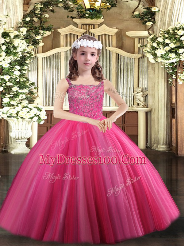 Floor Length Hot Pink Little Girl Pageant Gowns Straps Sleeveless Lace Up