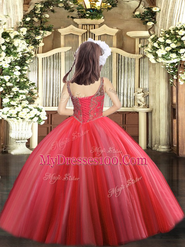 Floor Length Hot Pink Little Girl Pageant Gowns Straps Sleeveless Lace Up