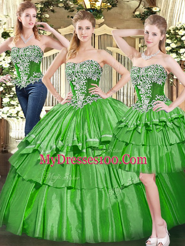 Affordable Green Quinceanera Dresses Military Ball and Sweet 16 and Quinceanera with Beading and Ruffled Layers Strapless Sleeveless Lace Up
