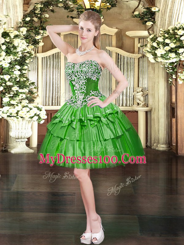 Affordable Green Quinceanera Dresses Military Ball and Sweet 16 and Quinceanera with Beading and Ruffled Layers Strapless Sleeveless Lace Up