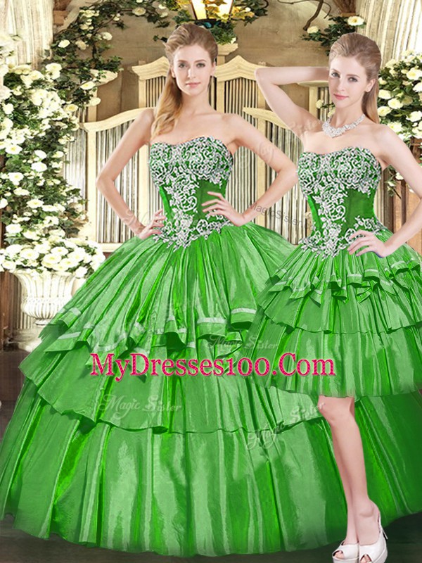 Affordable Green Quinceanera Dresses Military Ball and Sweet 16 and Quinceanera with Beading and Ruffled Layers Strapless Sleeveless Lace Up