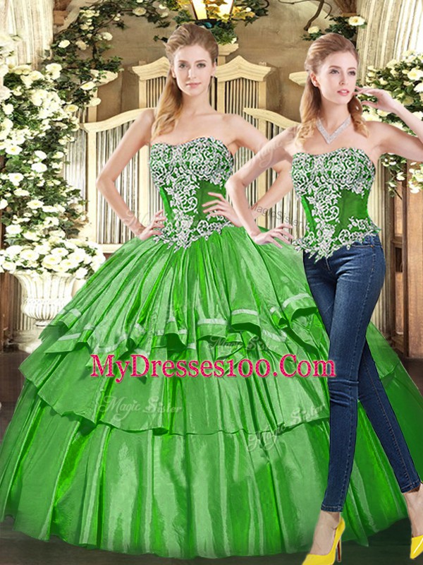 Sleeveless Tulle Floor Length Lace Up Quinceanera Gown in Green with Beading and Ruffled Layers