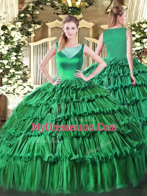 Designer Sleeveless Organza Floor Length Side Zipper Quinceanera Gown in Turquoise with Beading and Ruffled Layers