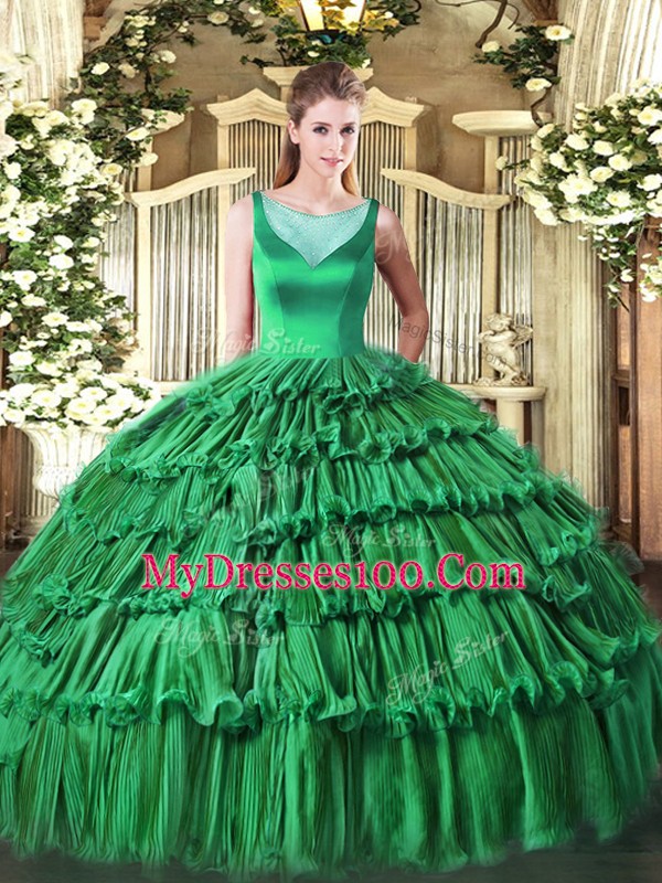 Designer Sleeveless Organza Floor Length Side Zipper Quinceanera Gown in Turquoise with Beading and Ruffled Layers