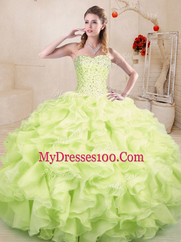 Nice Yellow Green Sleeveless Beading and Ruffles Floor Length Quinceanera Dress