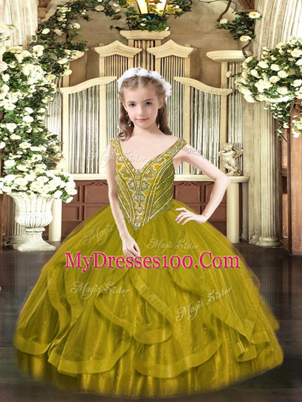Custom Made Olive Green Sleeveless Beading and Ruffles Floor Length Pageant Dress Womens