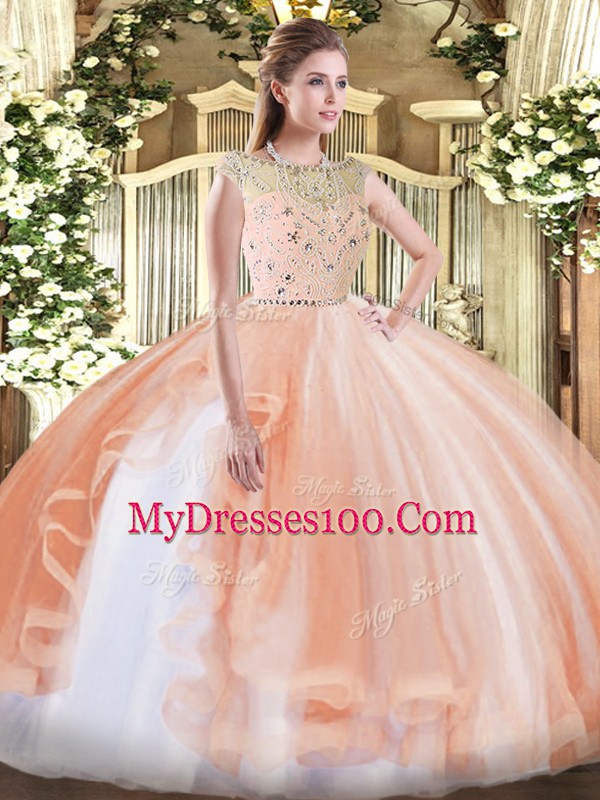 Flirting Bateau Sleeveless Quinceanera Gown Floor Length Beading and Ruffles Peach Tulle