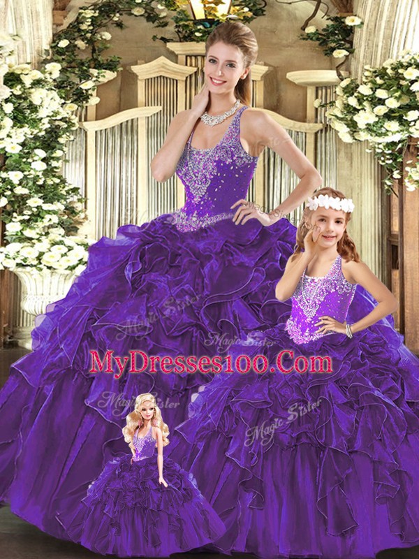 Straps Sleeveless Lace Up Quinceanera Gowns Purple Organza