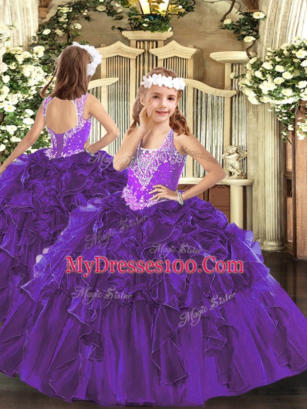 Straps Sleeveless Lace Up Quinceanera Gowns Purple Organza