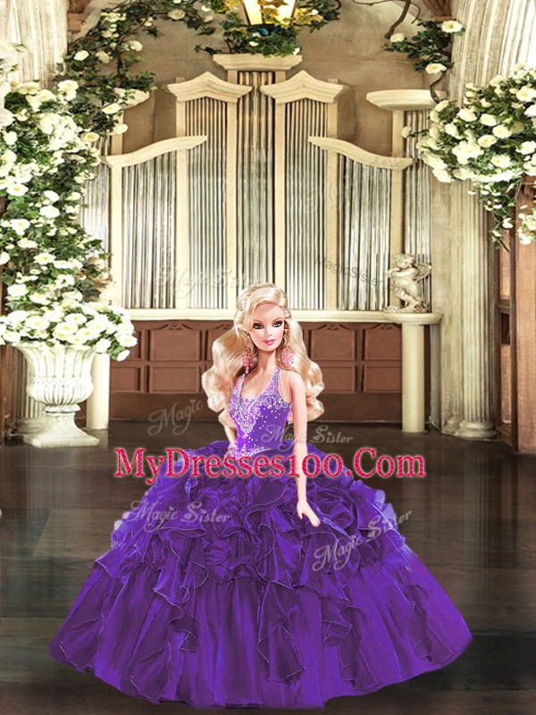Straps Sleeveless Lace Up Quinceanera Gowns Purple Organza
