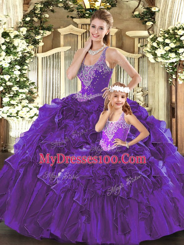 Straps Sleeveless Lace Up Quinceanera Gowns Purple Organza