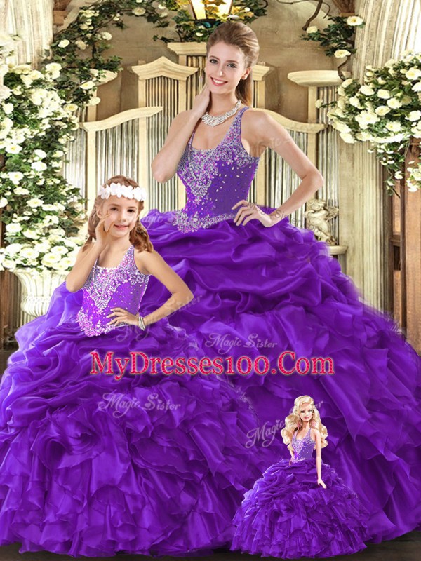 Graceful Sleeveless Floor Length Beading and Ruffles Lace Up Ball Gown Prom Dress with Purple