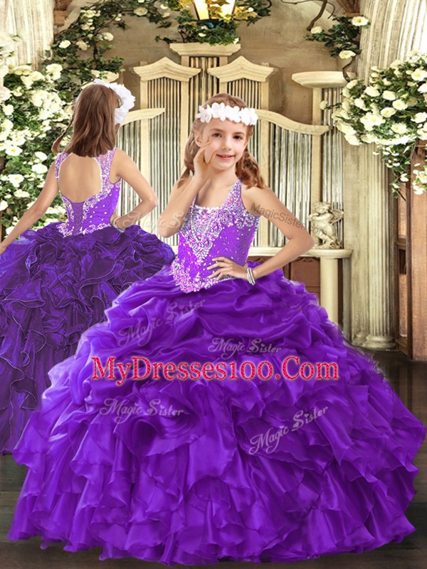 Graceful Sleeveless Floor Length Beading and Ruffles Lace Up Ball Gown Prom Dress with Purple