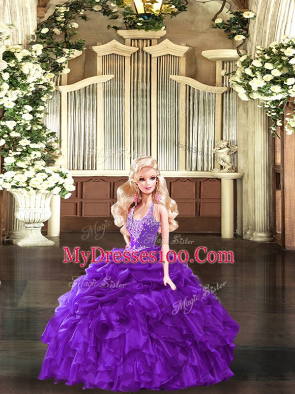 Graceful Sleeveless Floor Length Beading and Ruffles Lace Up Ball Gown Prom Dress with Purple