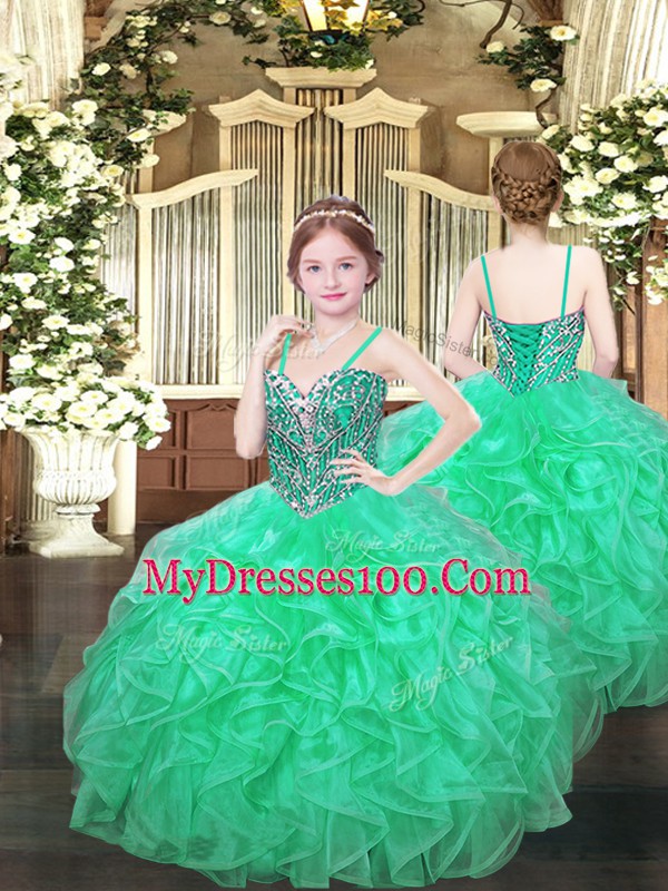 Organza Sleeveless Floor Length Pageant Gowns For Girls and Beading and Ruffles