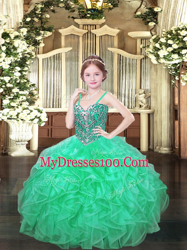 Organza Sleeveless Floor Length Pageant Gowns For Girls and Beading and Ruffles