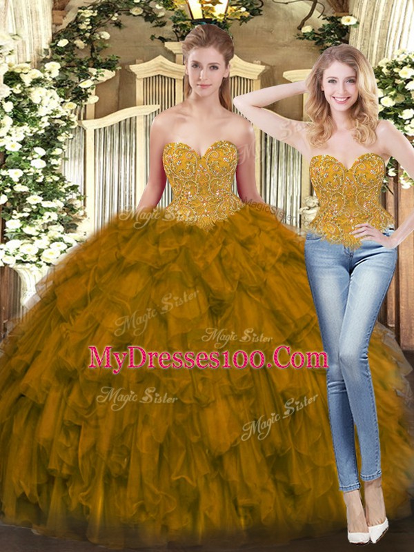 Traditional Floor Length Lace Up Vestidos de Quinceanera Olive Green for Military Ball and Sweet 16 and Quinceanera with Beading and Ruffles
