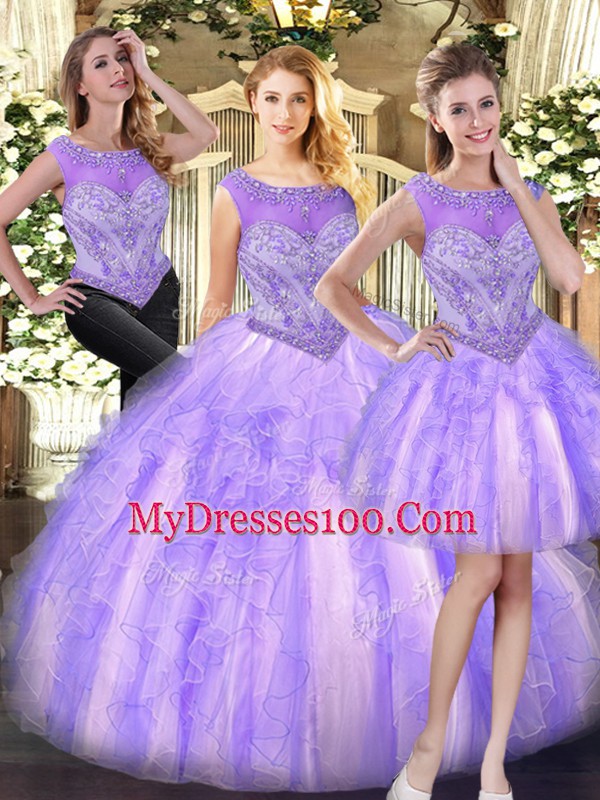 Lilac Tulle Zipper Scoop Sleeveless Floor Length Sweet 16 Dress Beading and Ruffles