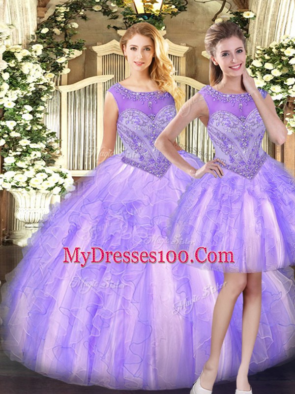 Lilac Tulle Zipper Scoop Sleeveless Floor Length Sweet 16 Dress Beading and Ruffles