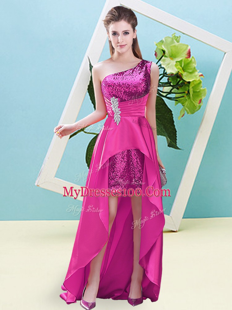 Affordable High Low A-line Sleeveless Fuchsia Prom Dresses Lace Up