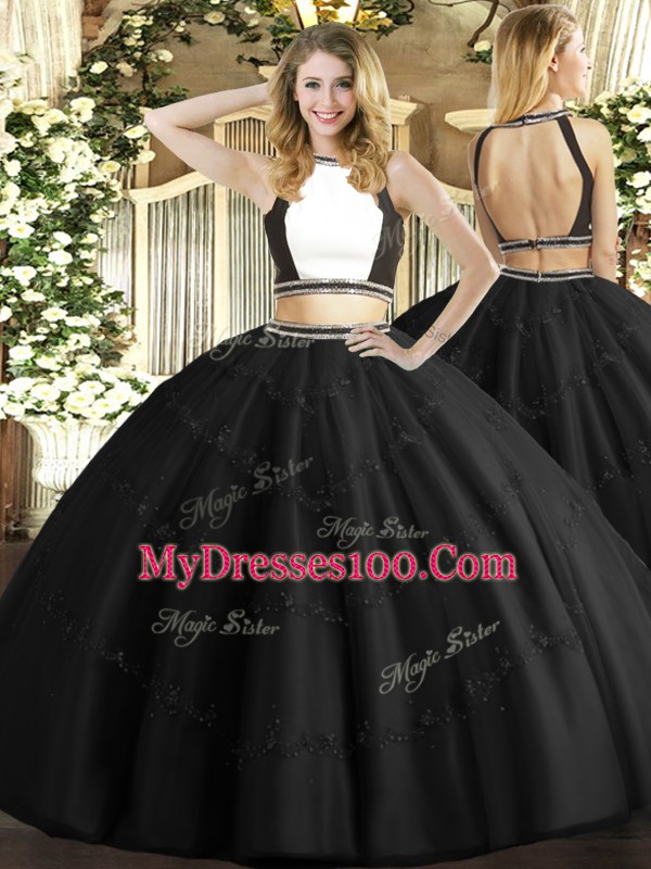 Smart Black Backless Halter Top Beading Sweet 16 Dresses Tulle Sleeveless