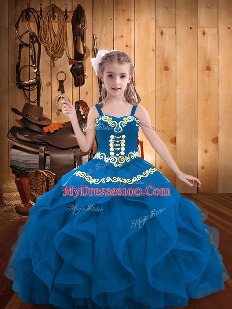 Blue Sleeveless Embroidery and Ruffles Floor Length Little Girls Pageant Gowns