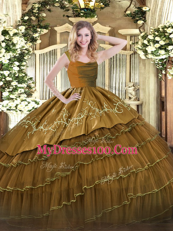 Organza and Taffeta Sleeveless Floor Length Vestidos de Quinceanera and Embroidery and Ruffled Layers