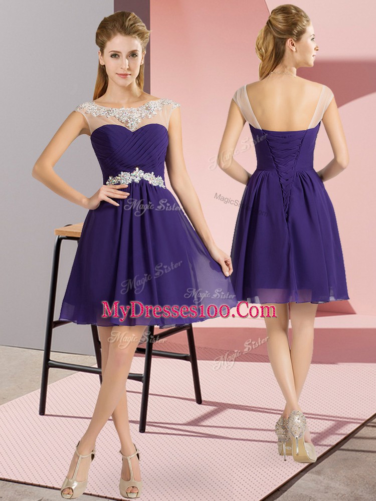 Popular Mini Length Purple Prom Party Dress Scoop Cap Sleeves Lace Up