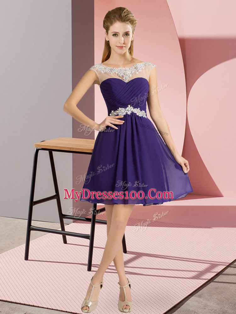 Popular Mini Length Purple Prom Party Dress Scoop Cap Sleeves Lace Up