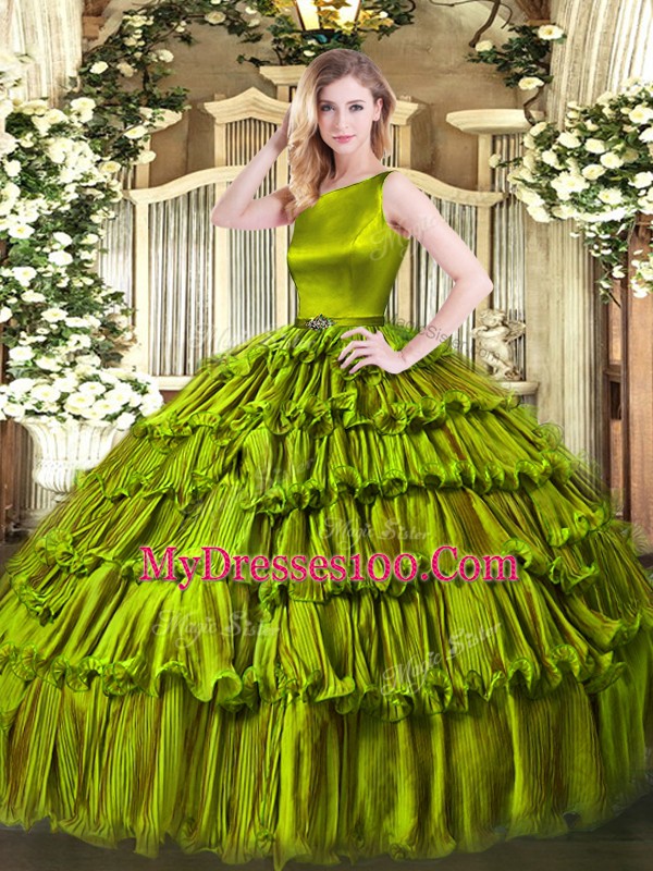 Olive Green Quinceanera Dresses Military Ball and Sweet 16 and Quinceanera with Ruffled Layers Scoop Sleeveless Clasp Handle