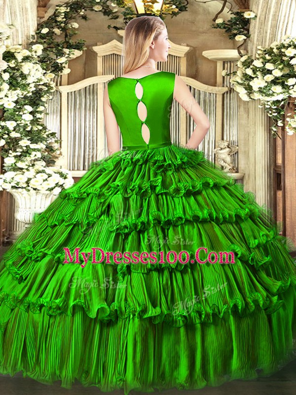 Olive Green Quinceanera Dresses Military Ball and Sweet 16 and Quinceanera with Ruffled Layers Scoop Sleeveless Clasp Handle